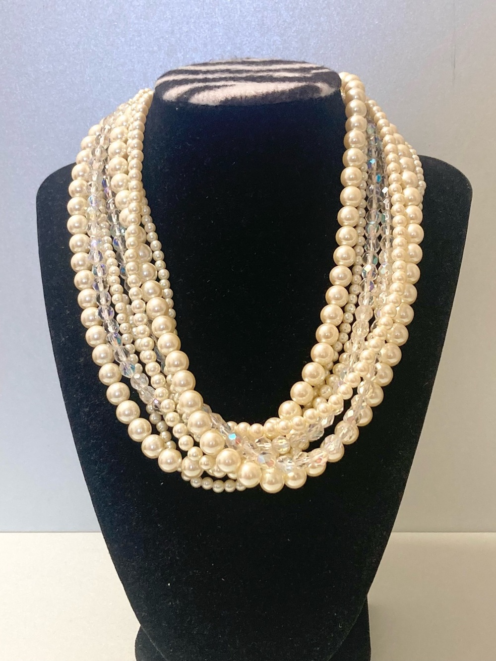 Multi-Strand Ivory tone faux Pearl and ab Crystal Statement preloved Necklace